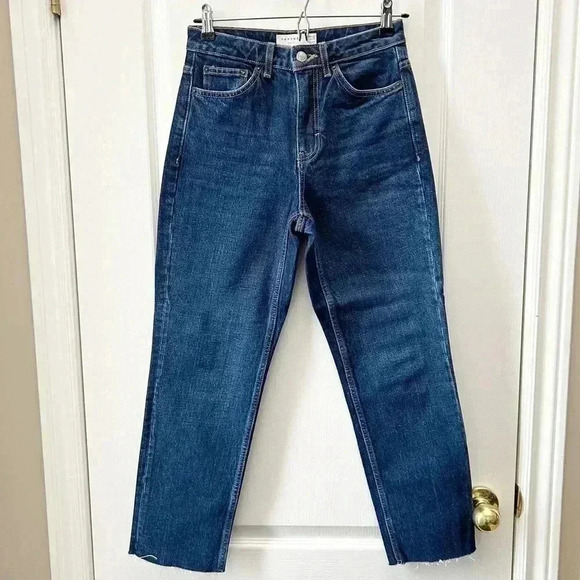 Topshop Straight Leg Jeans High Rise Ankle Crop Dark Blue Denim Size 26 - Picture 4 of 15